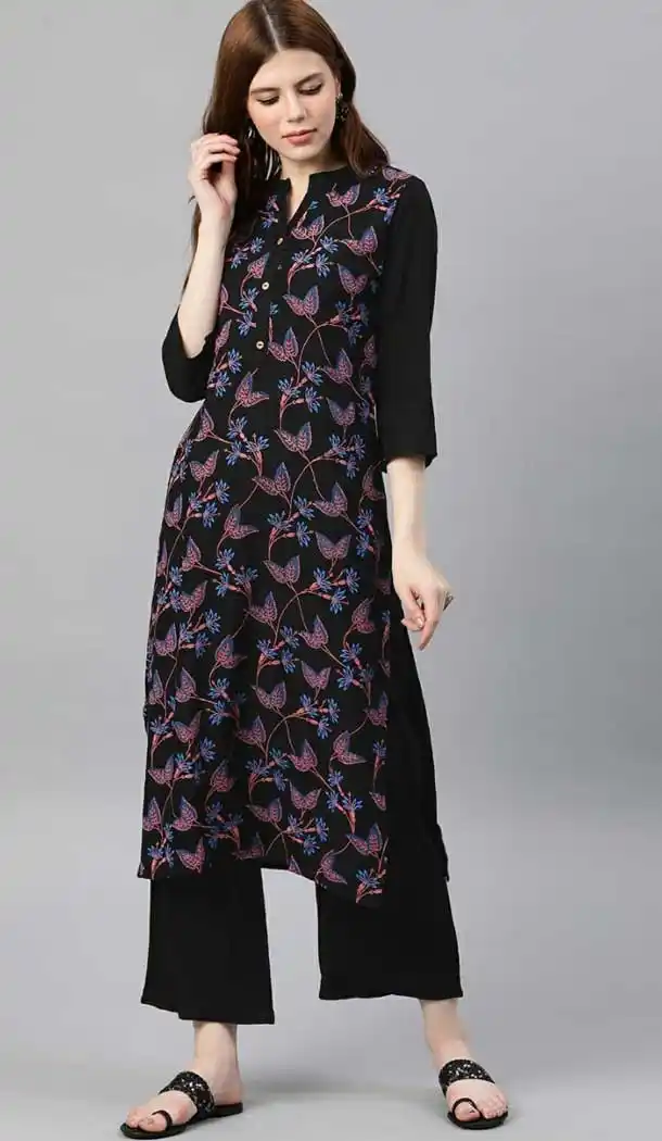 Magnificient Black Color Rayon Readymade Long Casual Wear Kurti -729390300
