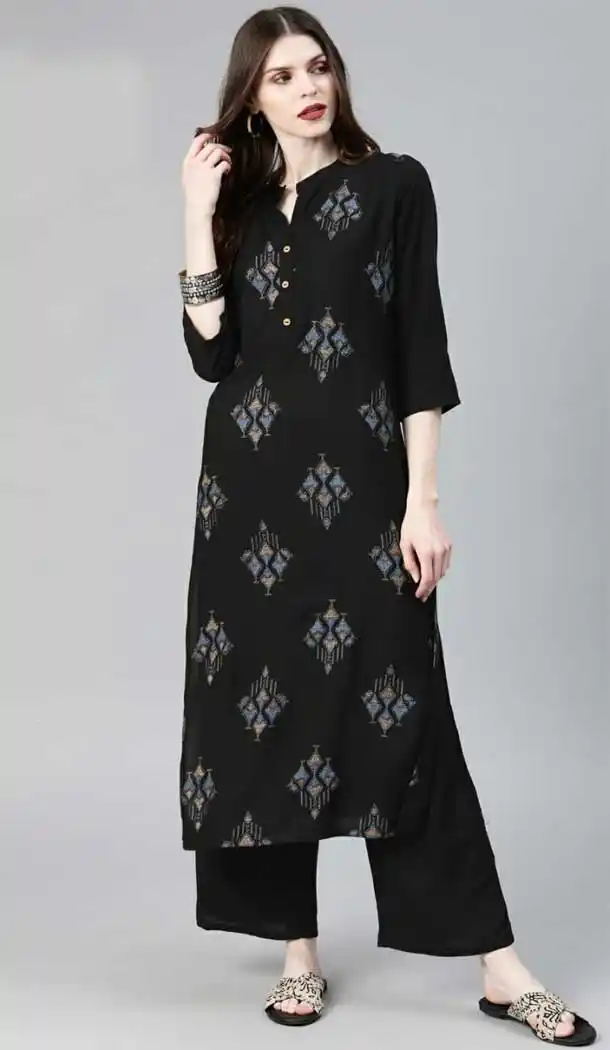 Mesmerizing Black Color Rayon Readymade Long Casual Wear Kurti -729390308