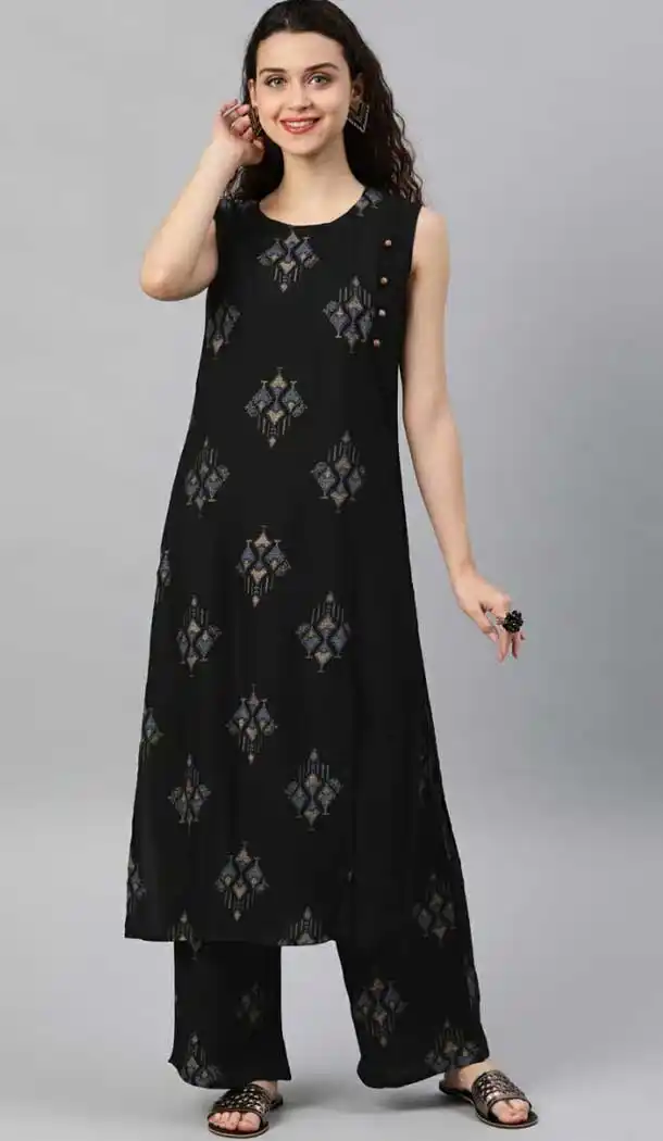 Luscious Black Color Rayon Readymade Long Casual Wear Kurti -729390309