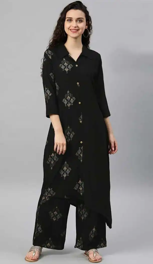 Contemporary Black Color Rayon Readymade Long Casual Wear Kurti -729390310