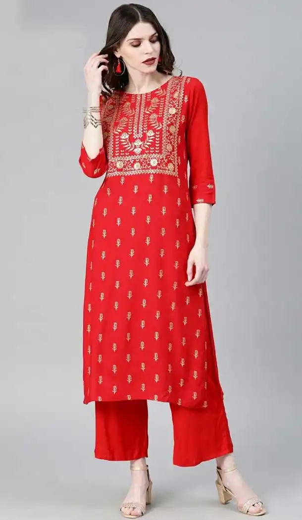 Ethnic Red Color Rayon Readymade Long Casual Wear Kurti -729390311