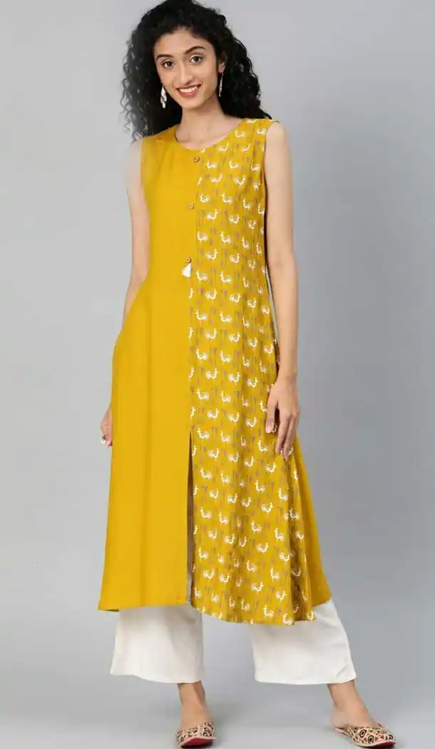 Yellow Color Rayon Readymade Long Casual Wear Kurti -729390312