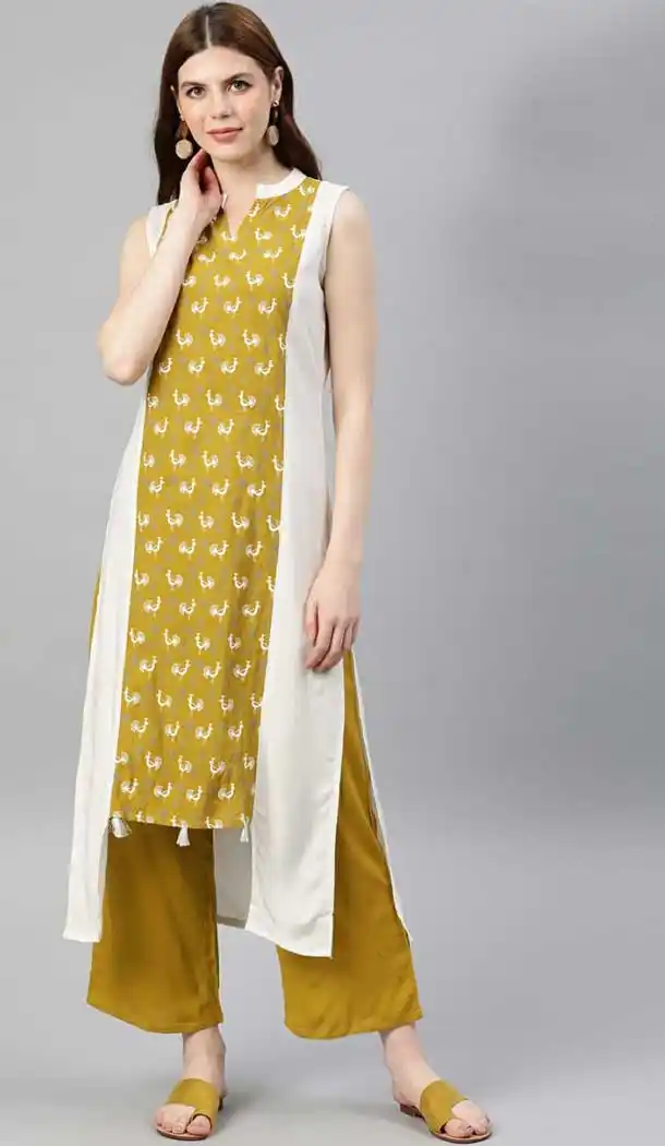 Classy Olive Green Color Rayon Readymade Long Casual Wear Kurti -729390313
