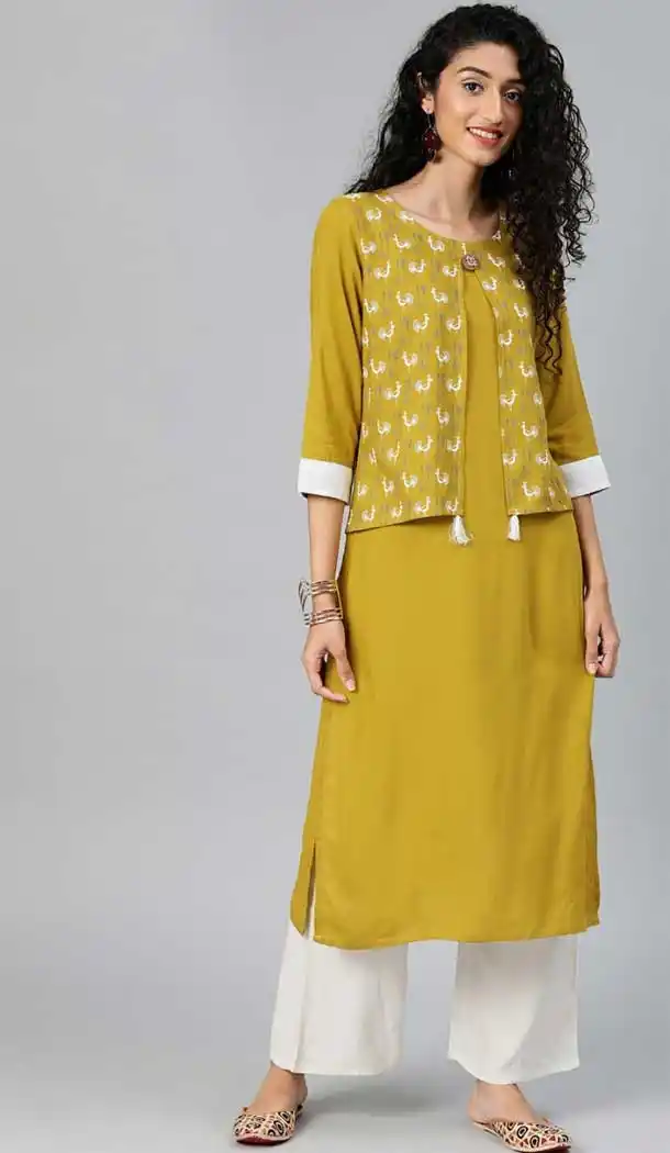 Aesthetic Musterd Color Rayon Readymade Long Casual Wear Kurti -729390316
