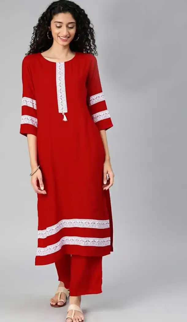 Flamboyant Red Color Rayon Readymade Long Casual Wear Kurti -729390318