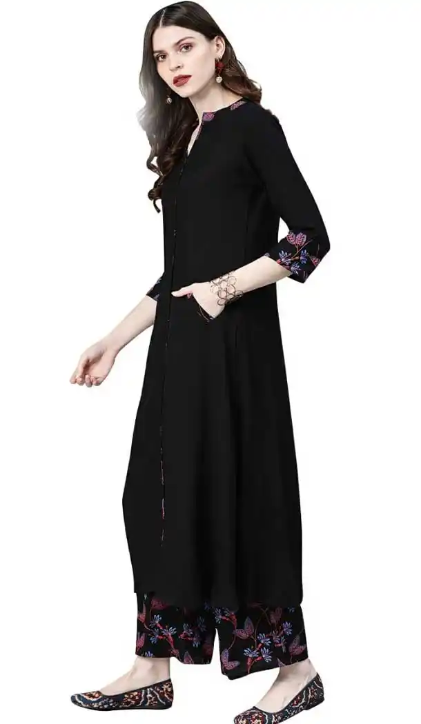 Attractive Black Color Rayon Readymade Long Casual Wear Kurti -729390319
