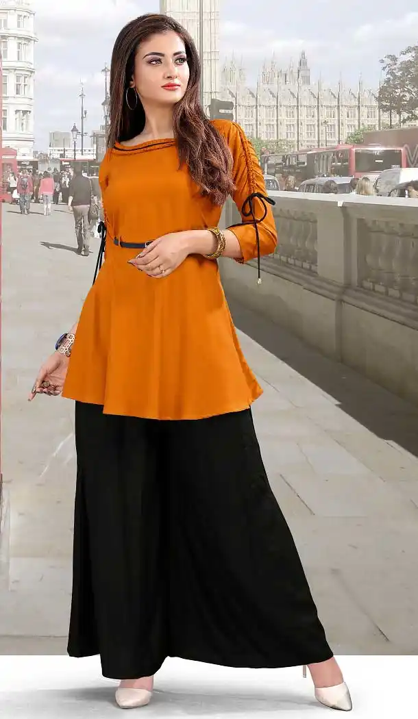 Orange Color Heavy 14 KG Rayon Designer Readymade Kurti With Palazzo -742991873