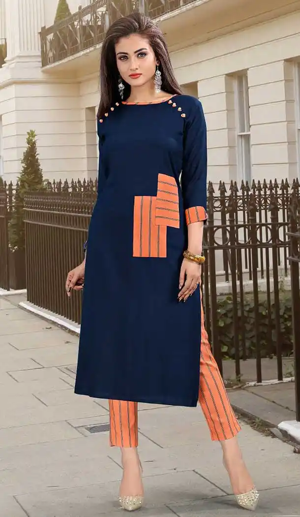 Blue Color Cotton Print Designer Readymade Kurti With Pant -742991875
