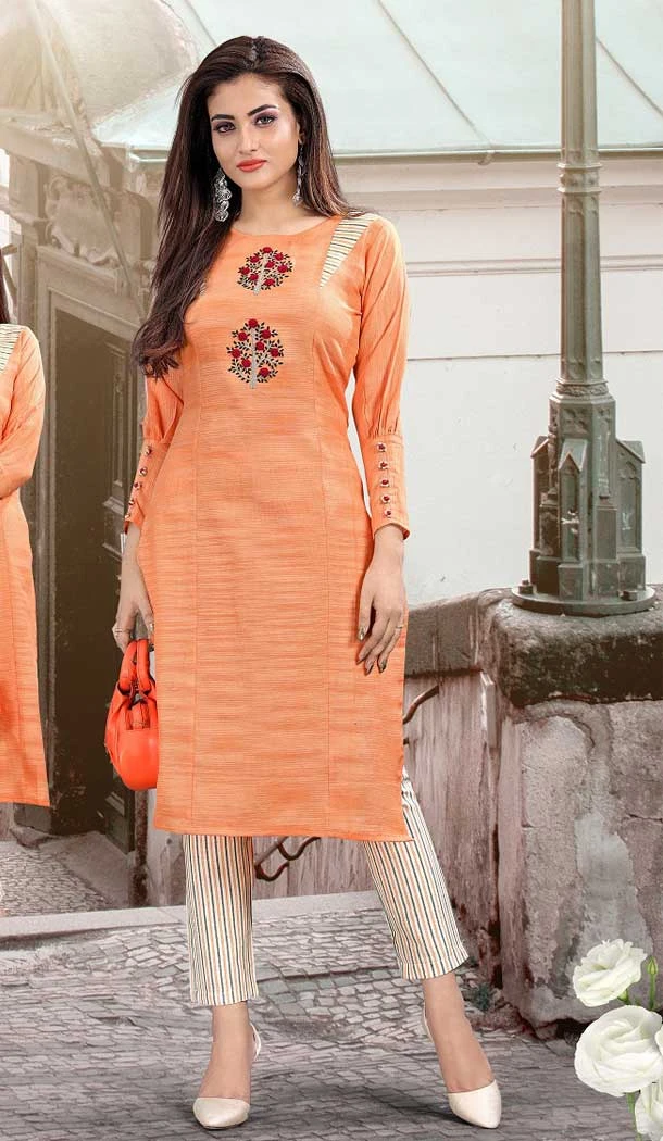 Orange Color Cotton Print Designer Readymade Kurti With Pant -742991877