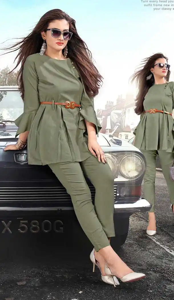 Mehendi Color Rayon Slub Lycra Designer Readymade Kurti With Pant -742991879