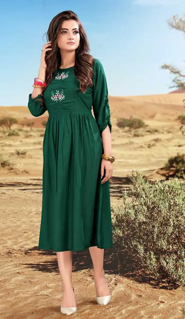 Green Color Heavy Rayon Designer Readymade Long Kurti Top -743191884