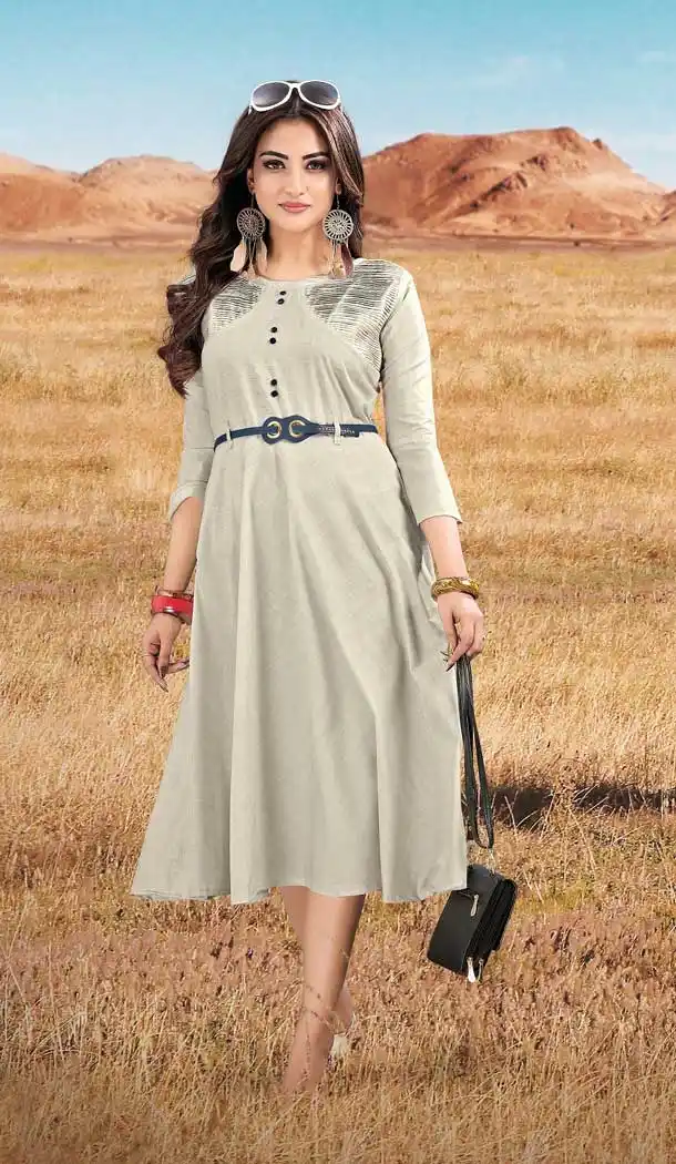Exquisite Grey Color Cotton Designer Readymade Long Kurti Top -743191885