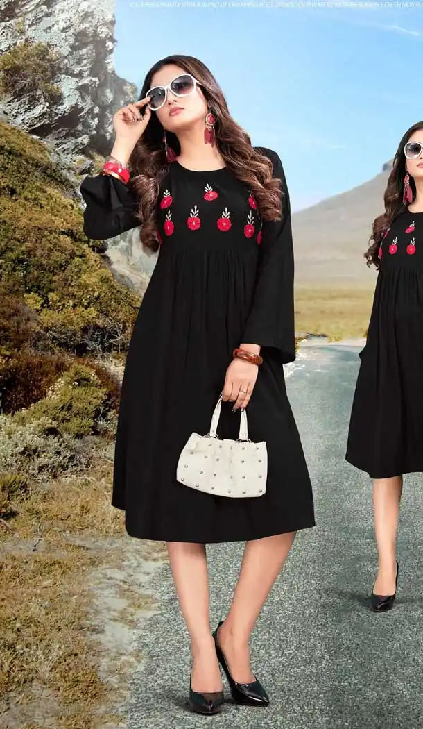 Exquisite Black Color Heavy Rayon Designer Readymade Long Kurti Top -743191887
