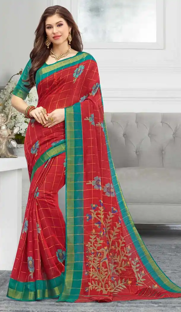 Glamorous Red Color Cotton Floral Printed Casual Wear Saree -747092336