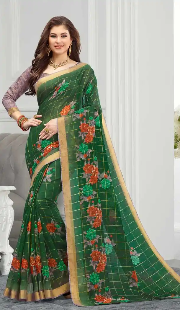 Green Color Cotton Floral Printed Casual Wear Saree -747092337