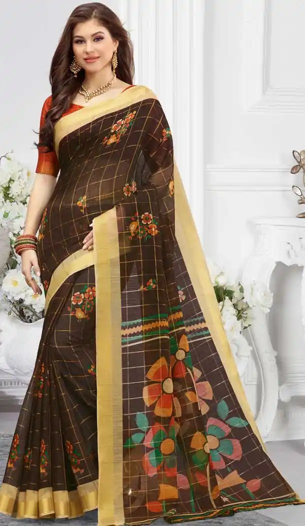 Scintillating Coffee Color Cotton Floral Printed Casual Wear Saree -747092338