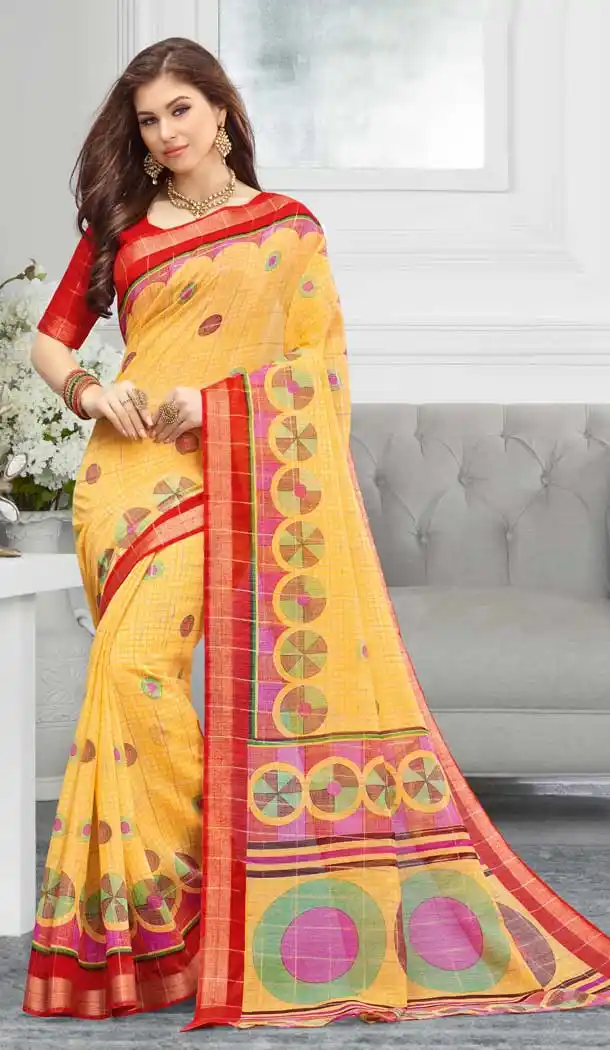 Ethnic Yellow Color Cotton Floral Printed Casual Wear Saree -747092339