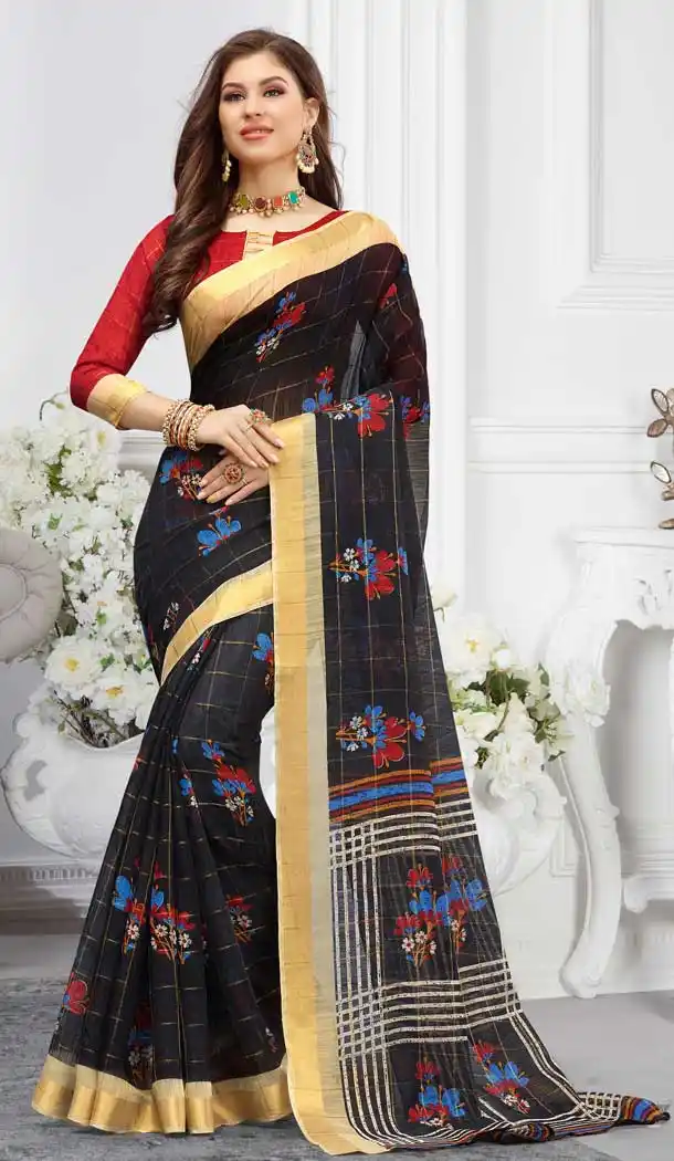 Black Color Cotton Floral Printed Casual Wear Saree -747092340
