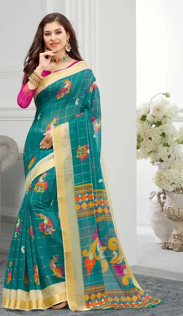 Rama Green Color Cotton Floral Printed Casual Wear Saree -747092341