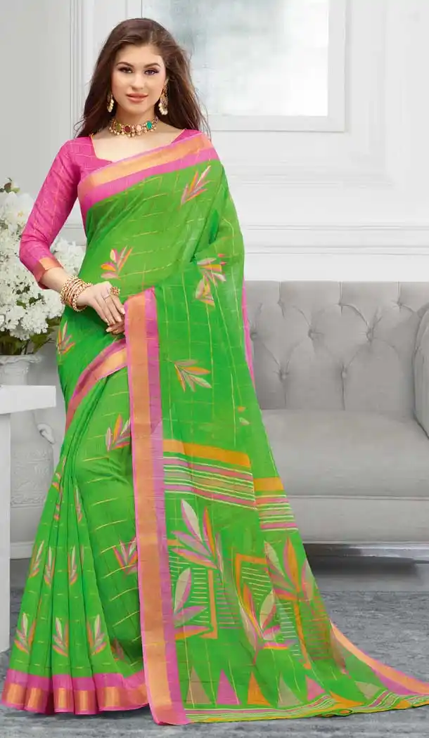 Light Green Color Cotton Floral Printed Casual Wear Saree -747092343