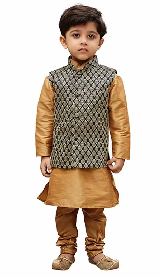 Golden Color Cotton Silk Readymade Boy Kurta Pajama With Jacket -PF67427388