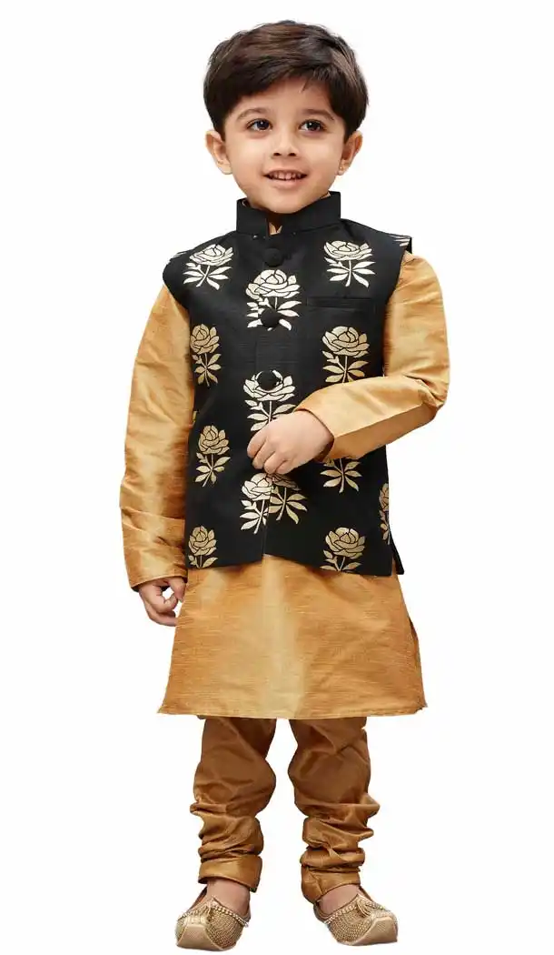 Glamours Golden Color Cotton Silk Readymade Boy Kurta Pajama With Jacket -PF67427389
