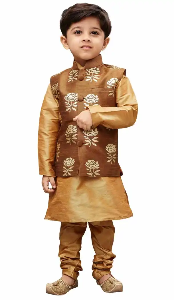 Charmingly Golden Color Cotton Silk Readymade Boy Kurta Pajama With Jacket -PF67427391