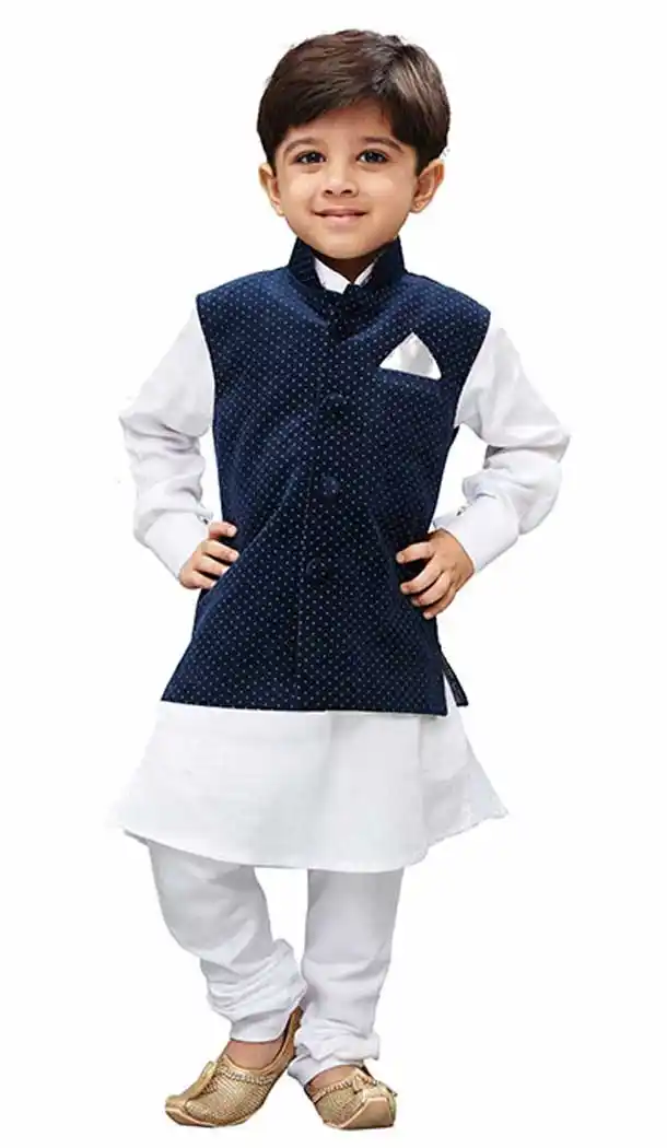 Excellent White Color Cotton Readymade Boy Kurta Pajama With Jacket -PF67427395