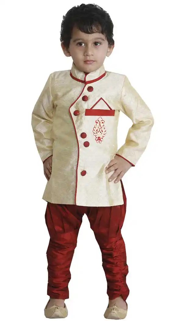 Cream Color Cotton Silk Readymade Indo Western For Kids Boys -PF67477423