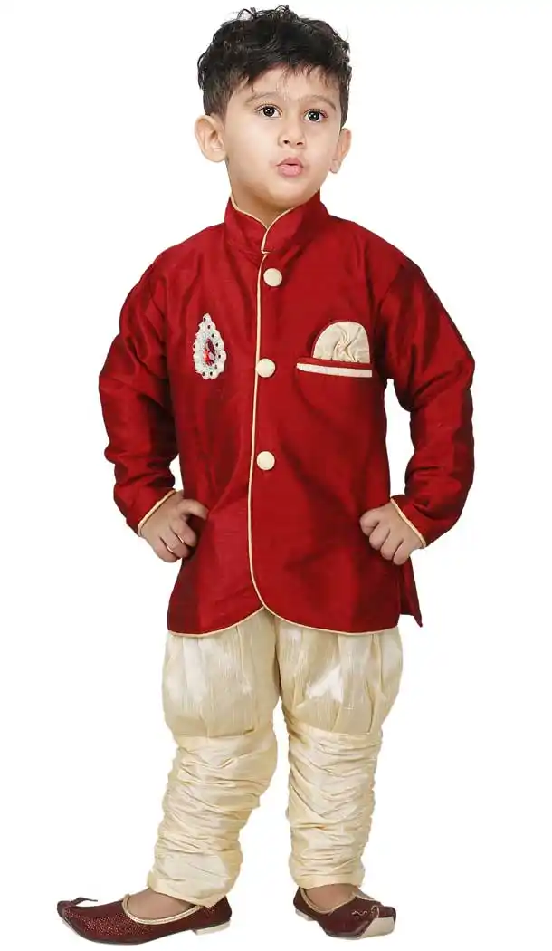 Maroon Color Cotton Silk Readymade Indo Western For Kids Boys -PF67477424