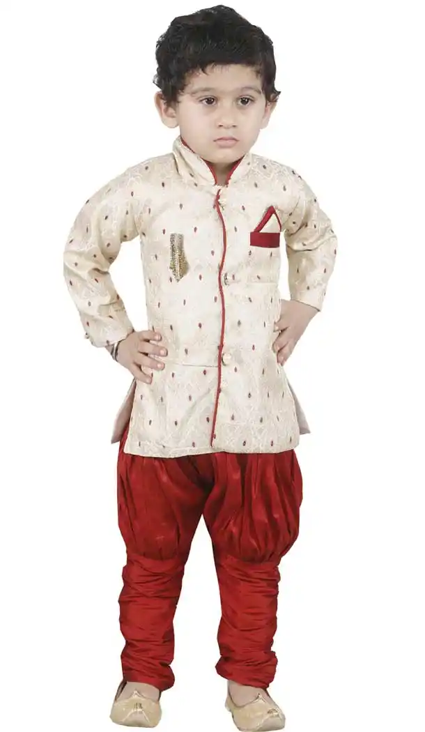 Cream Color Cotton Silk Readymade Indo Western For Kids Boys -PF67477425