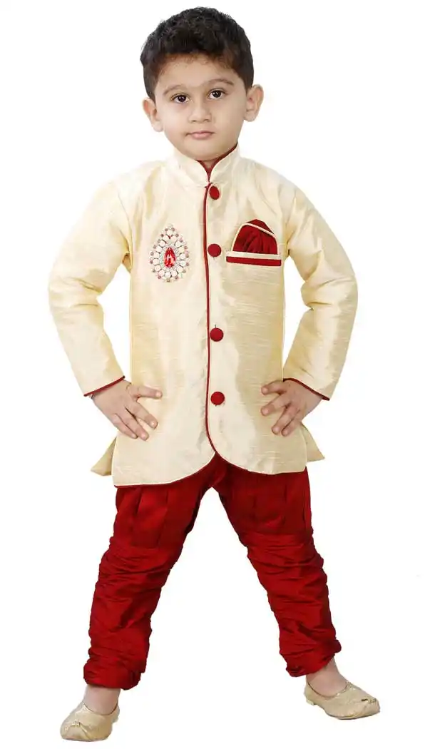 Ethnic Cream Color Cotton Silk Readymade Indo Western For Kids Boys -PF67477426