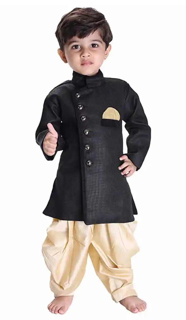 Vibrant Black Color Cotton Silk Readymade Indo Western For Kids Boys -PF67477428