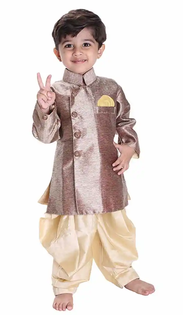 Rose Gold Color Cotton Blend Readymade Indo Western For Kids Boys -PF67477430