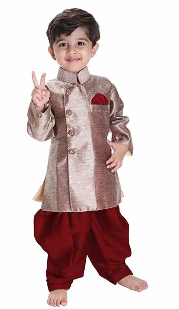 Styled Rose Gold Color Cotton Blend Readymade Indo Western For Kids Boys -PF67477431