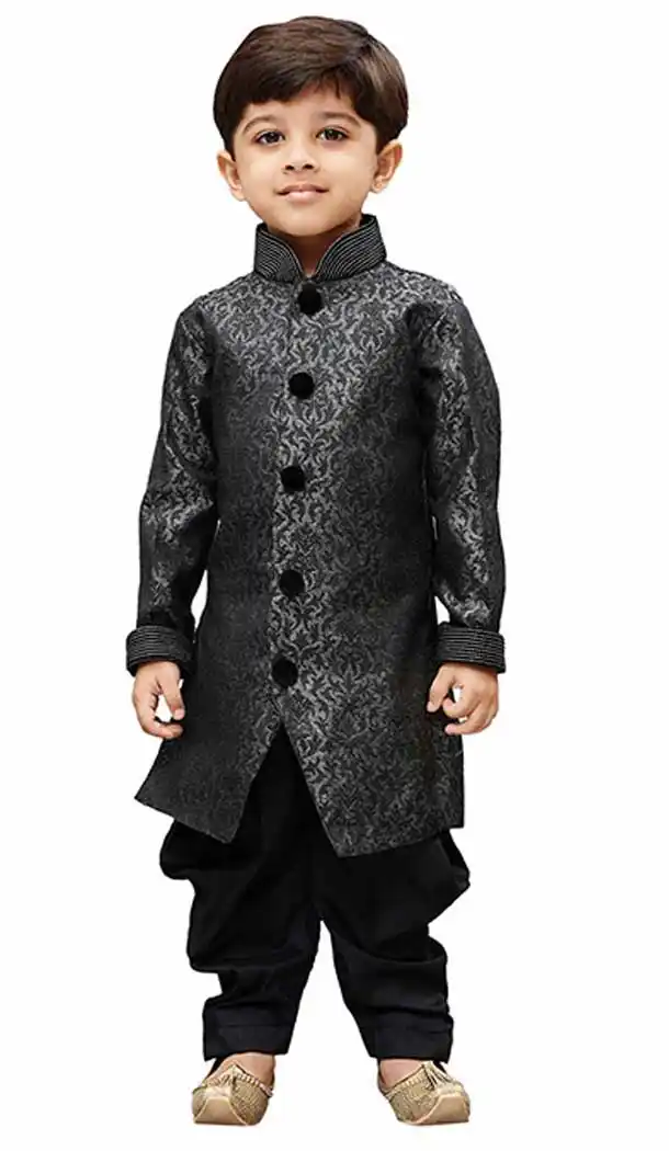 Black Color Silk Blend Readymade Indo Western For Kids Boys -PF67477432