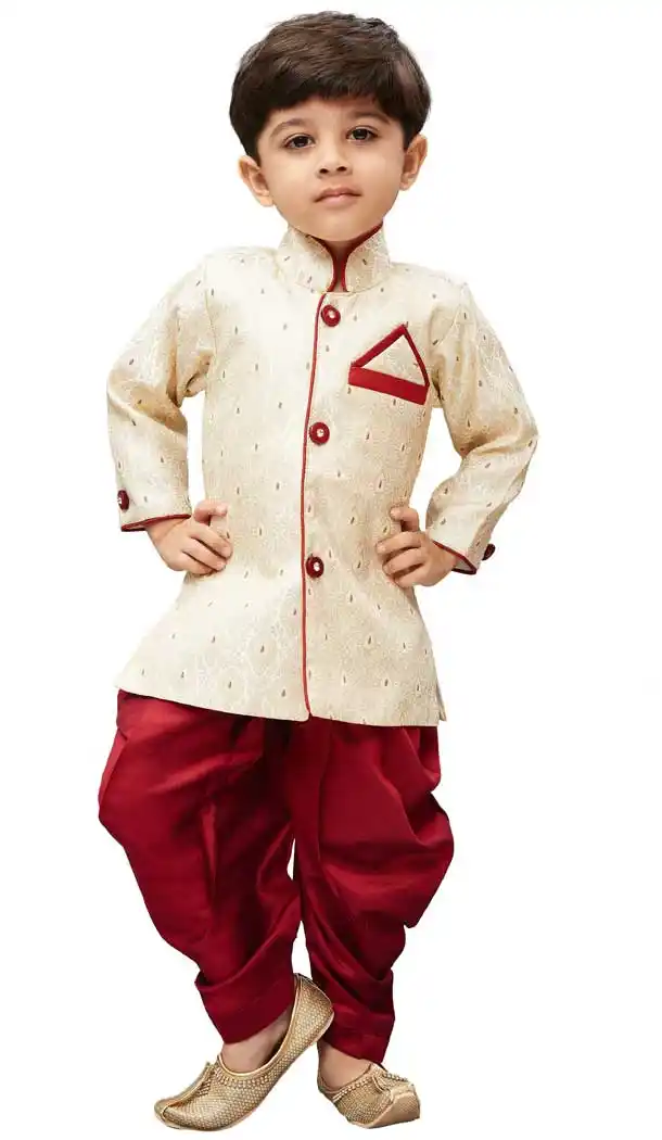 Classic Cream Color Silk Blend Readymade Indo Western For Kids Boys -PF67477434