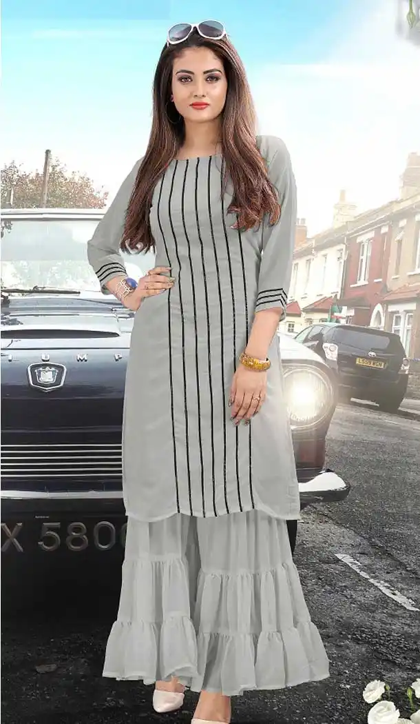 Grey Color Heavy Georgette Designer Readymade Kurti With Palazzo -743291890