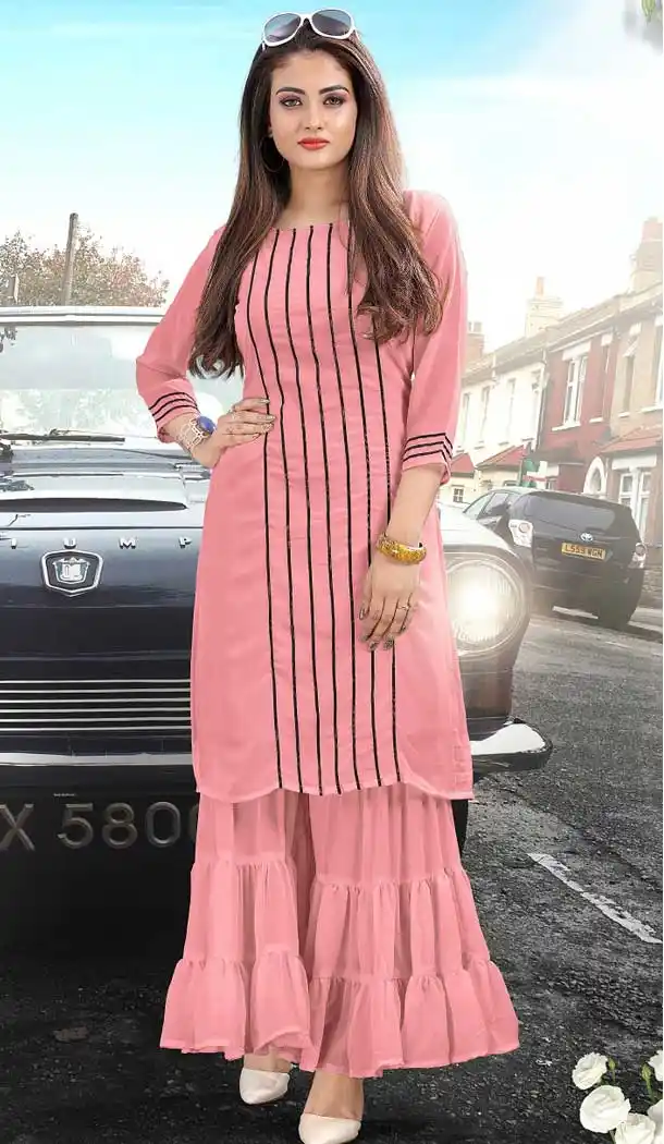 Pink Color Heavy Georgette Designer Readymade Kurti With Palazzo -743291892