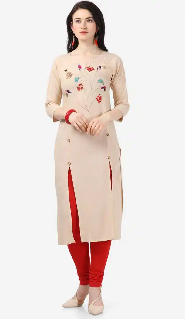 Alluring Cream Color Heavy Rayon Designer Readymade Kurti -743792005
