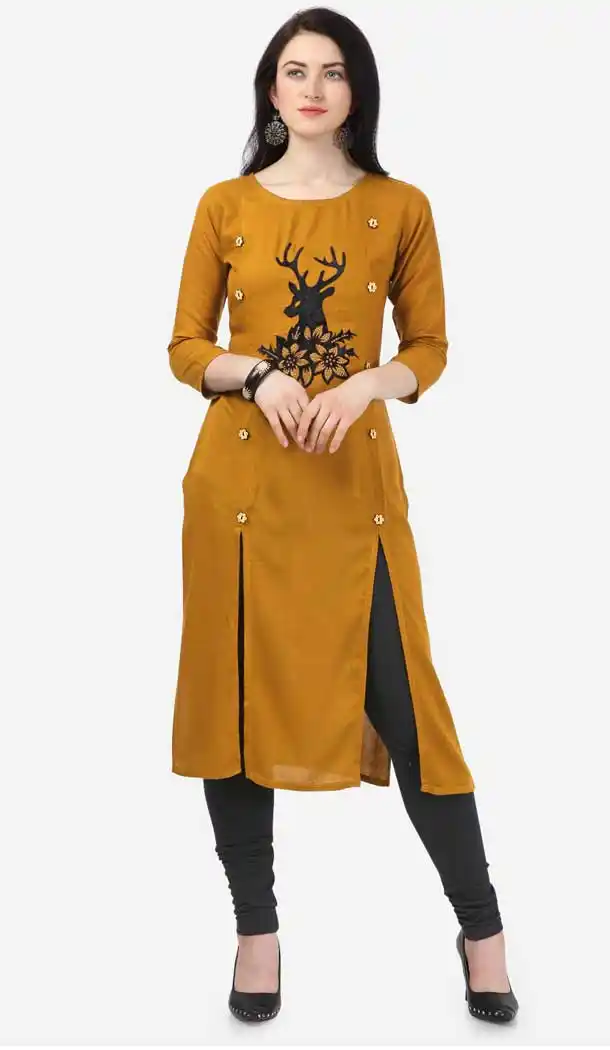 Magnificient Musterd Color Heavy Rayon Designer Readymade Kurti -743792007