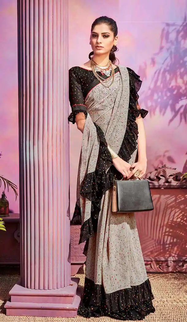 Grey Black Color Georgette Casual Wear Saree Blouse -EV545771778