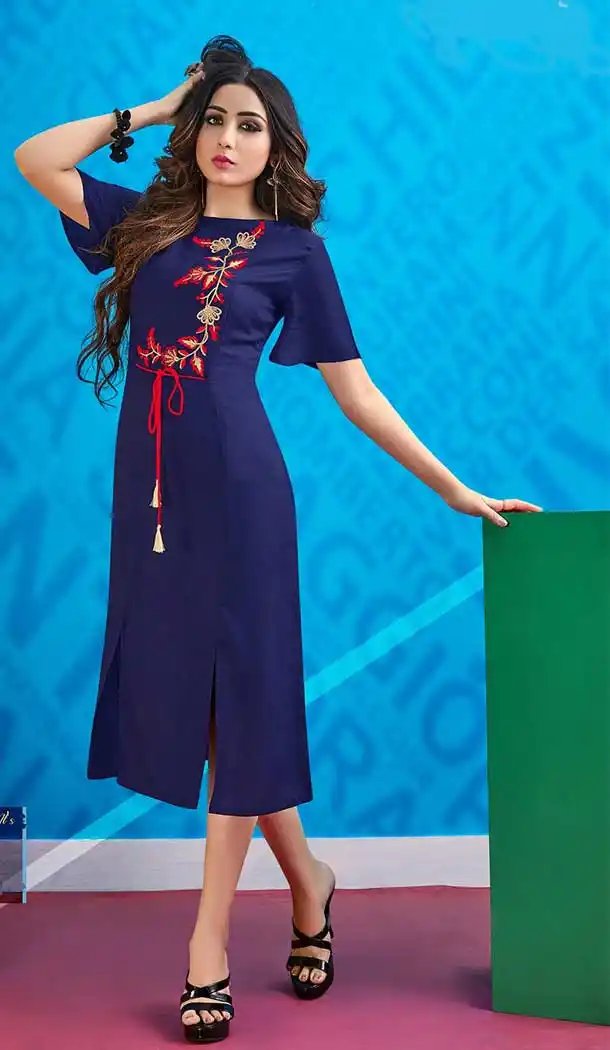 Navy Blue Color Rayon Designer Readymade Party Wear Kurti -EV546171797