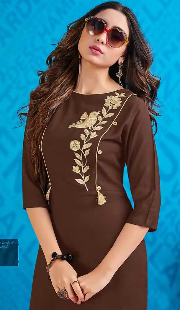 Brown Color Rayon Designer Readymade Party Wear Kurti -EV546171799