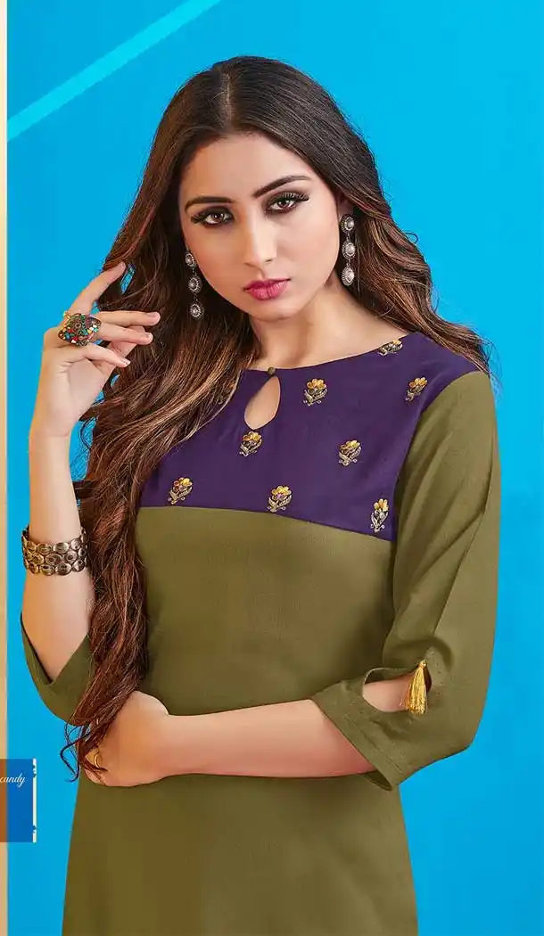 Melodic Mehendi Color Rayon Designer Readymade Party Wear Kurti -EV546171801