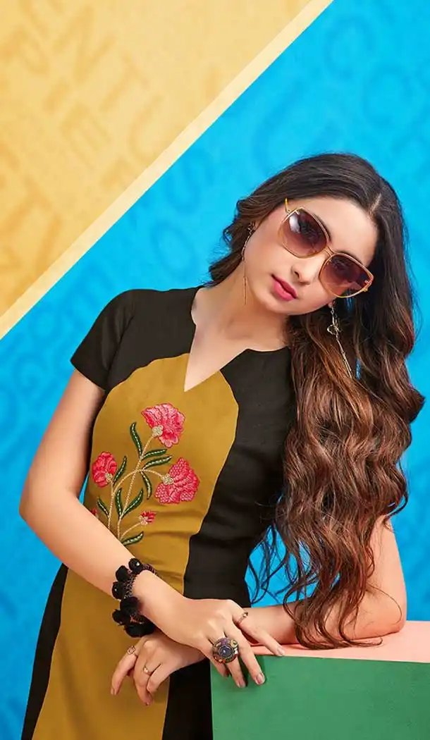 Black Yellow Color Rayon Designer Readymade Party Wear Kurti -EV546171803