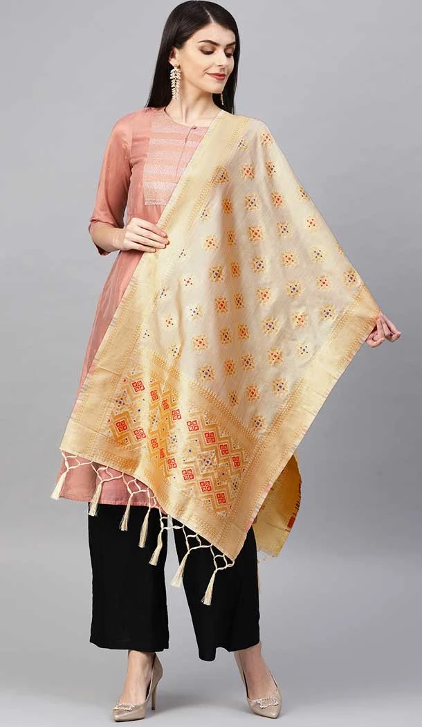 Cream Color Banarasi Silk Designer Dupatta -743591907