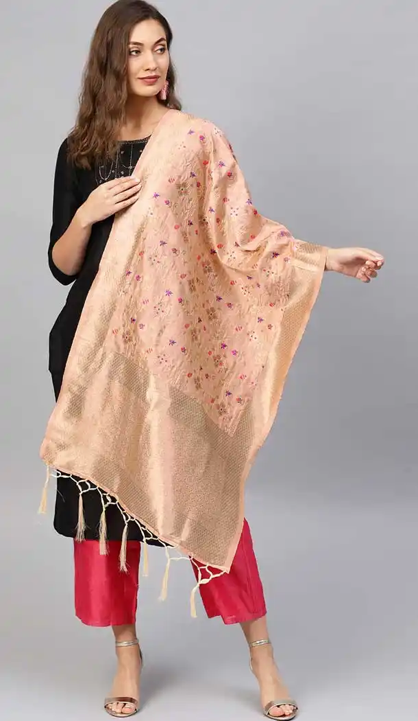Contemporary Peach Color Banarasi Silk Designer Dupatta -743591919