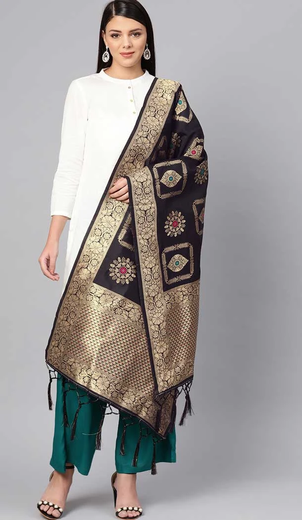 Black Color Banarasi Silk Designer Dupatta -743591923
