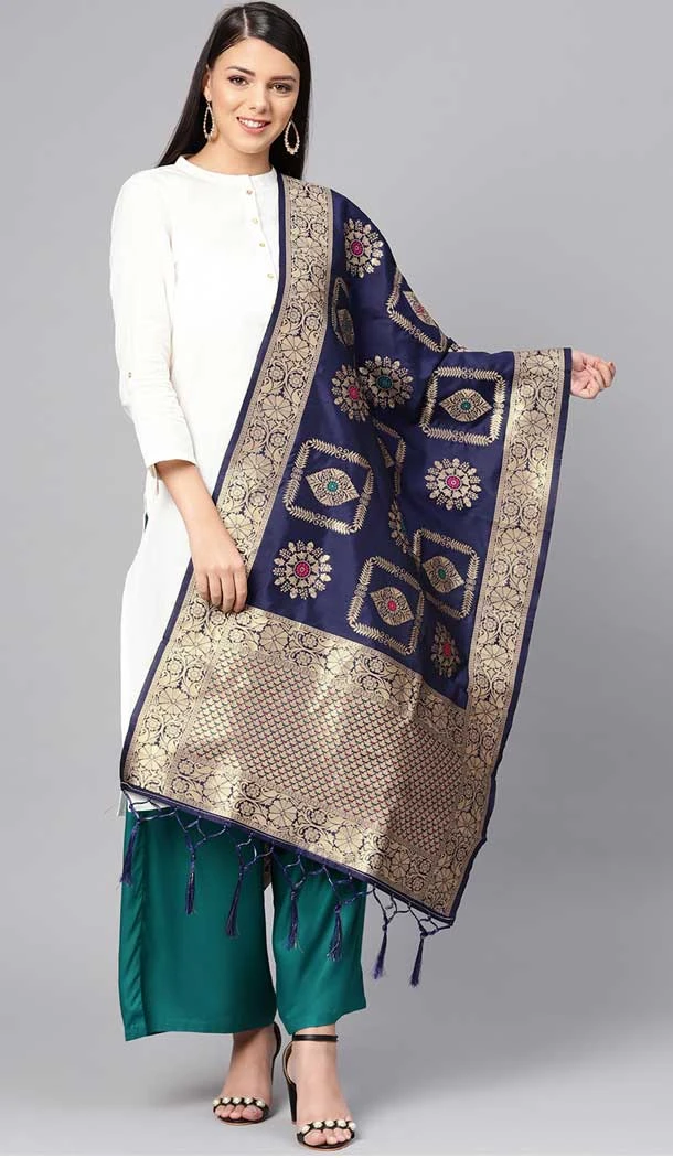 Navy Blue Color Banarasi Silk Designer Dupatta -743591930
